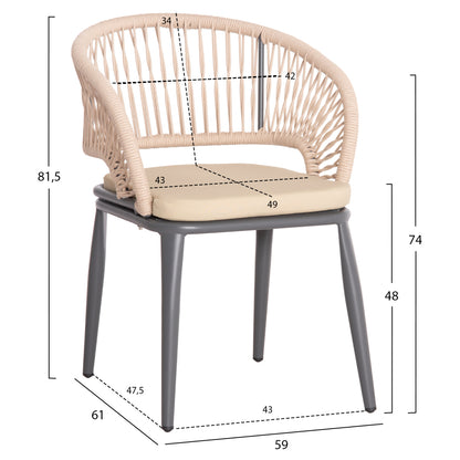 ALUMINUM ARMCHAIR MAGNET HM6287.01 DRAK GREY FRAME-P.E.ROPE IN BEIGE 59x61x81.5Hcm.