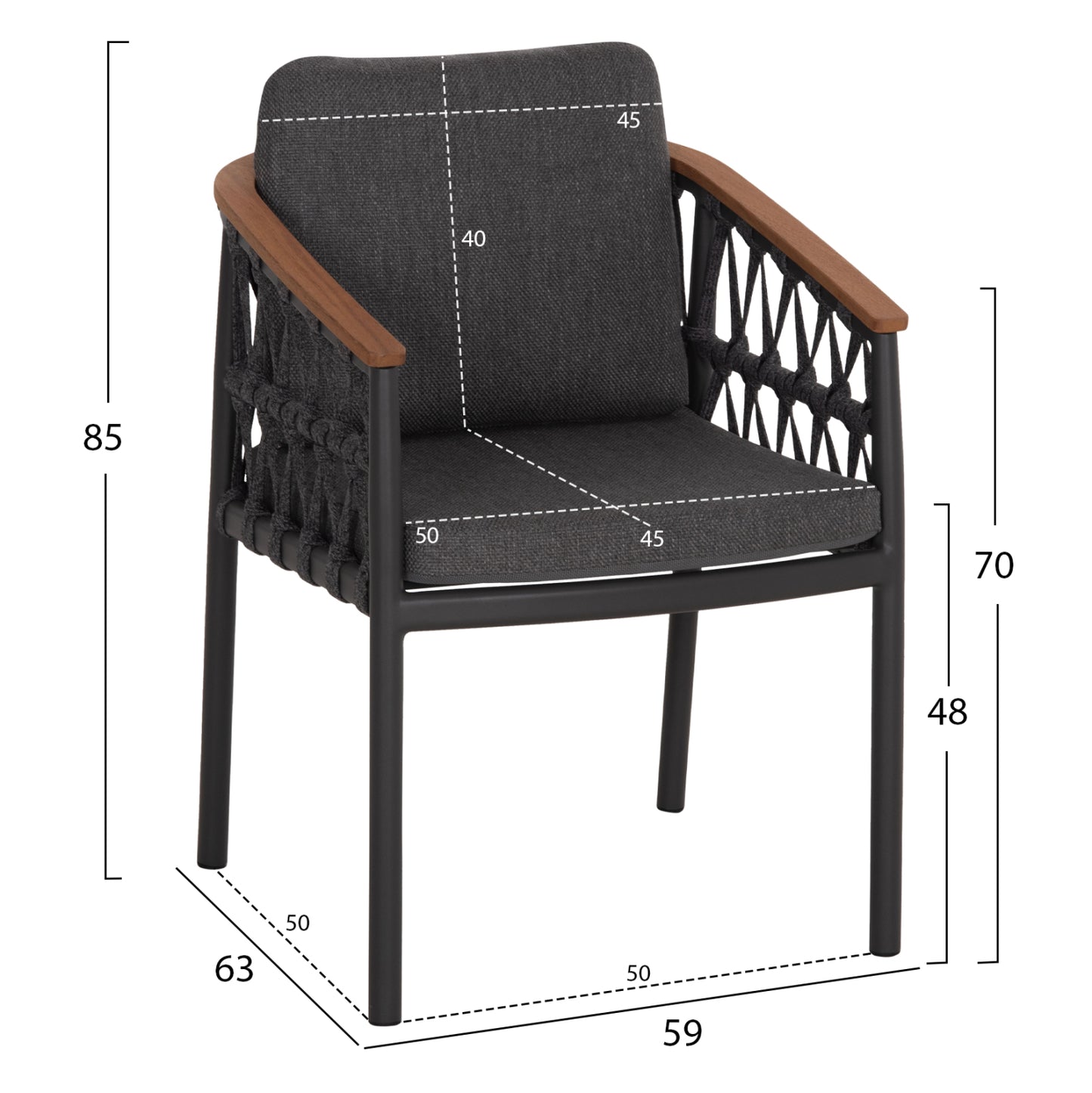 DINING CHAIR STREAM HM6427.01 DARK GREY ALUMINUM-STRAP ROPE & OLEFIN FABRIC 59x63x85Hcm.
