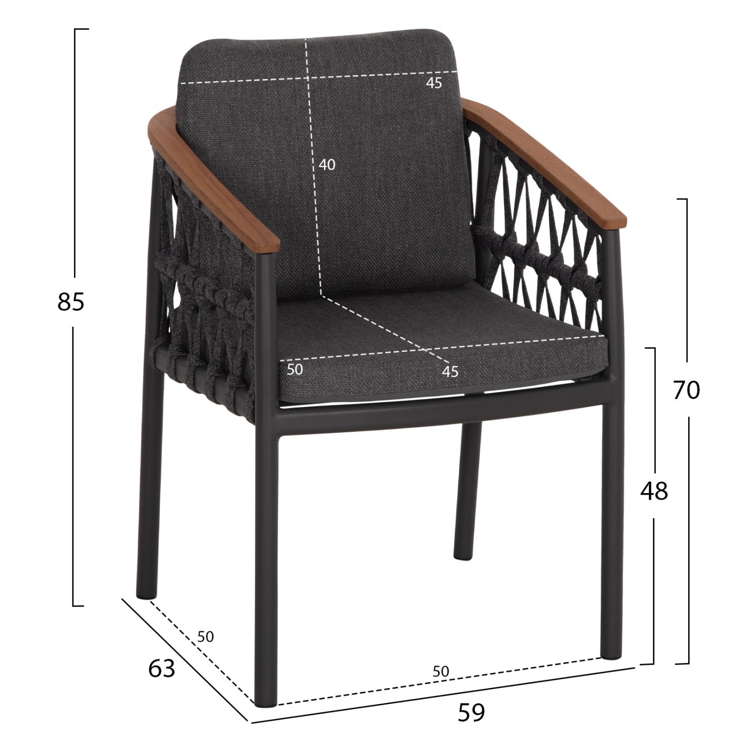 DINING CHAIR STREAM HM6427.01 DARK GREY ALUMINUM-STRAP ROPE & OLEFIN FABRIC 59x63x85Hcm.