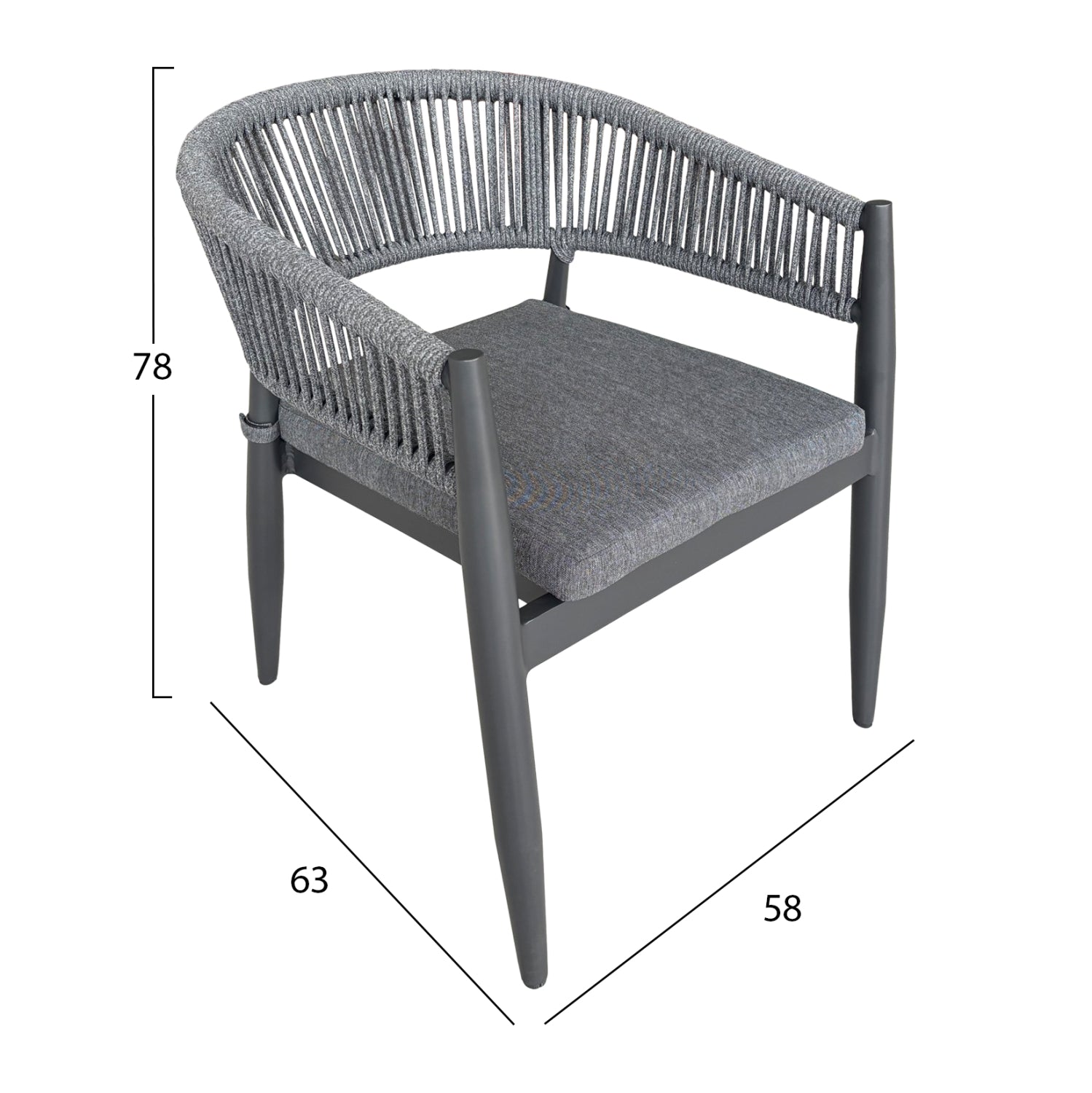 DINING ARMCHAIR LISTON HM6646.01 ALUMINUM-OLEFIN FABRIC-ROPE--CHARCOAL COLOR 58x63x78Hcm