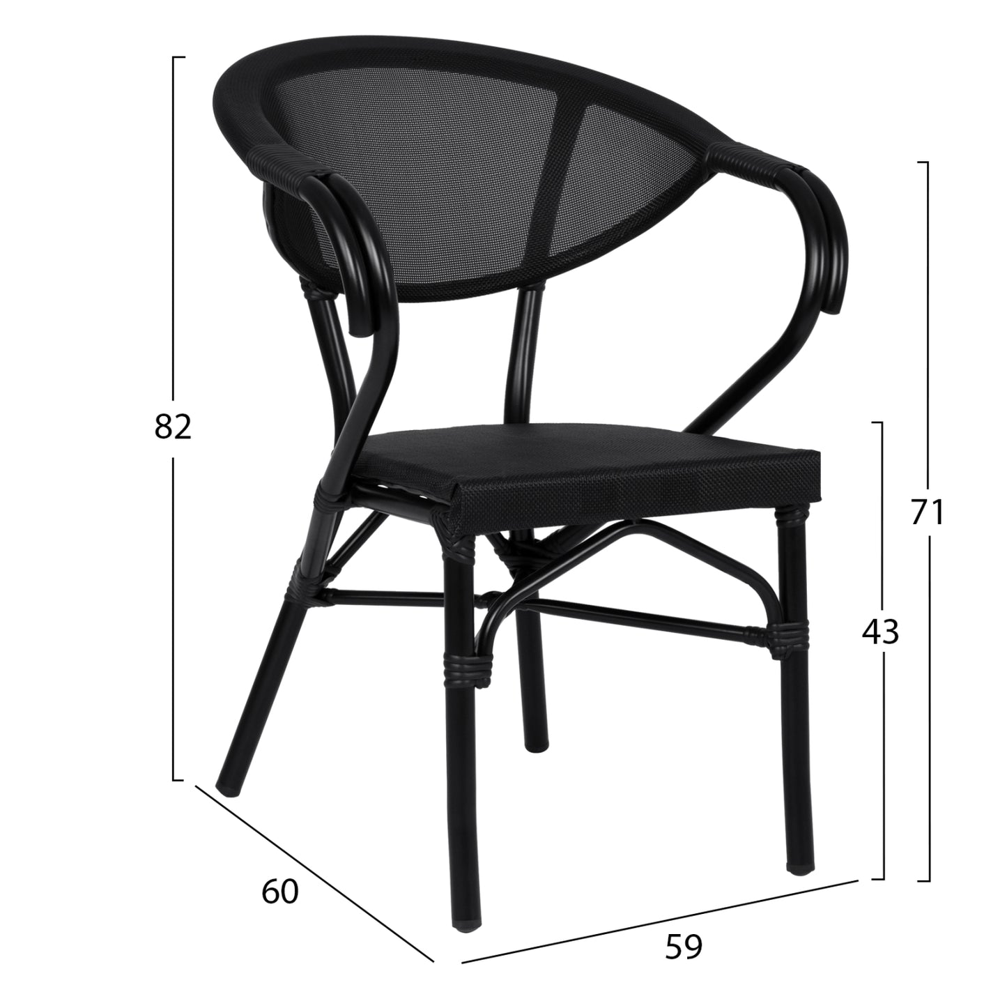 Aluminum Armchiar Bamboo Look Black with textline HM5025.02 59x60x82 cm