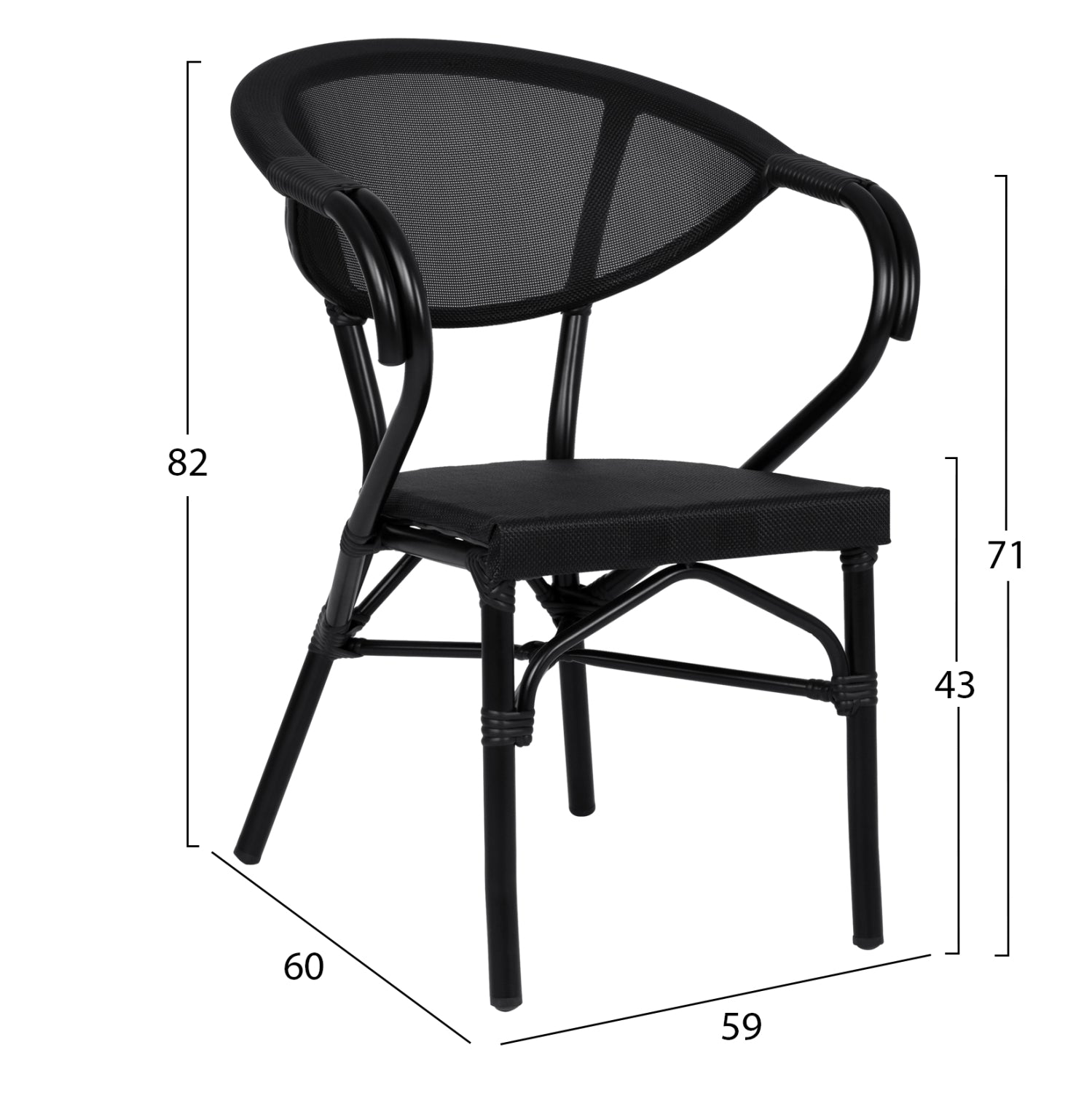 Aluminum Armchiar Bamboo Look Black with textline HM5025.02 59x60x82 cm
