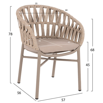 ARMCHAIR ALUMINUM LIGHT MOCHA & BEIGE ROPE 57x56x78Hcm.HM5857.03