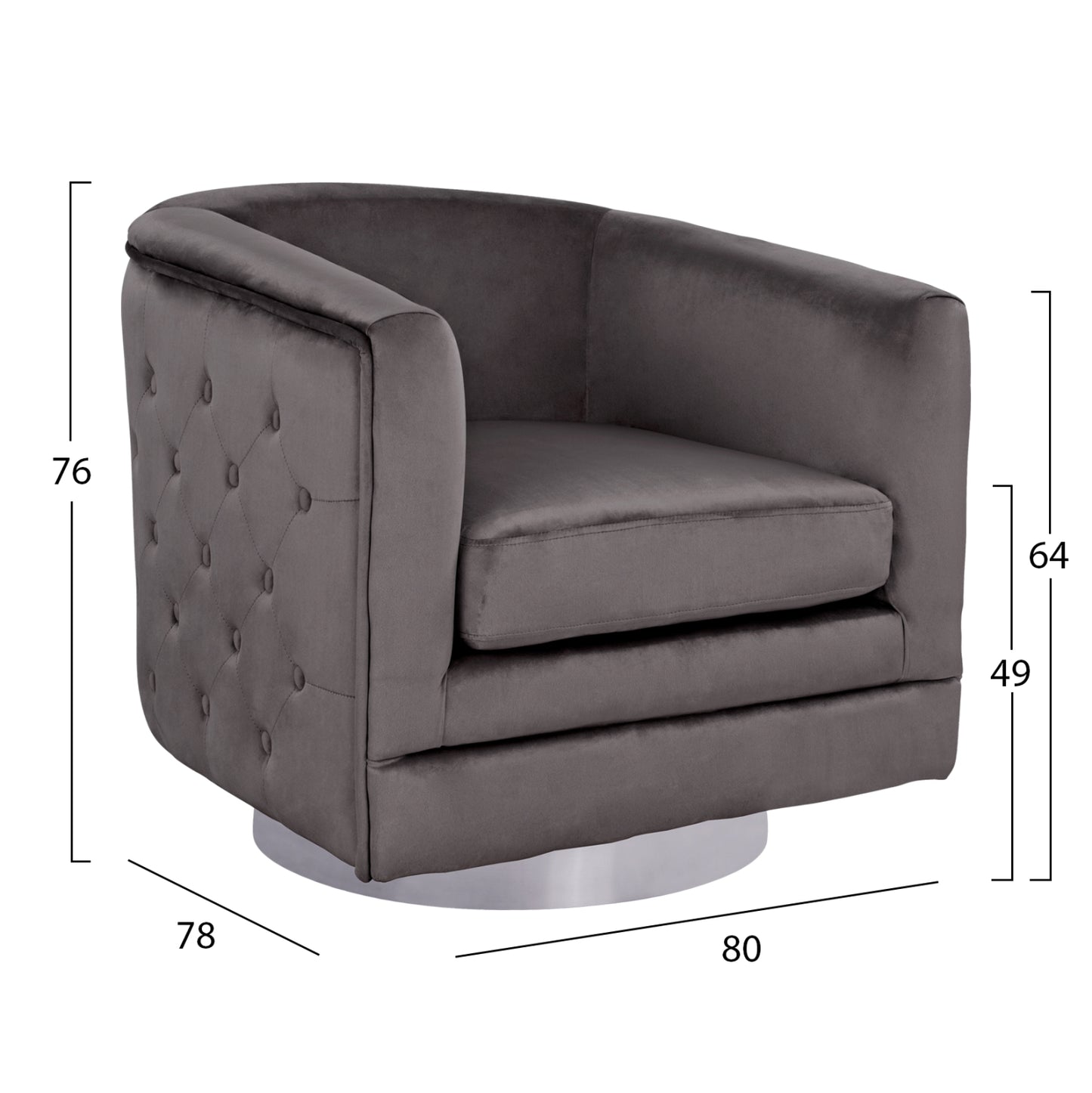 Armchair from velvet HM8494.01 in Grey color with silver base 80x80x76 cm