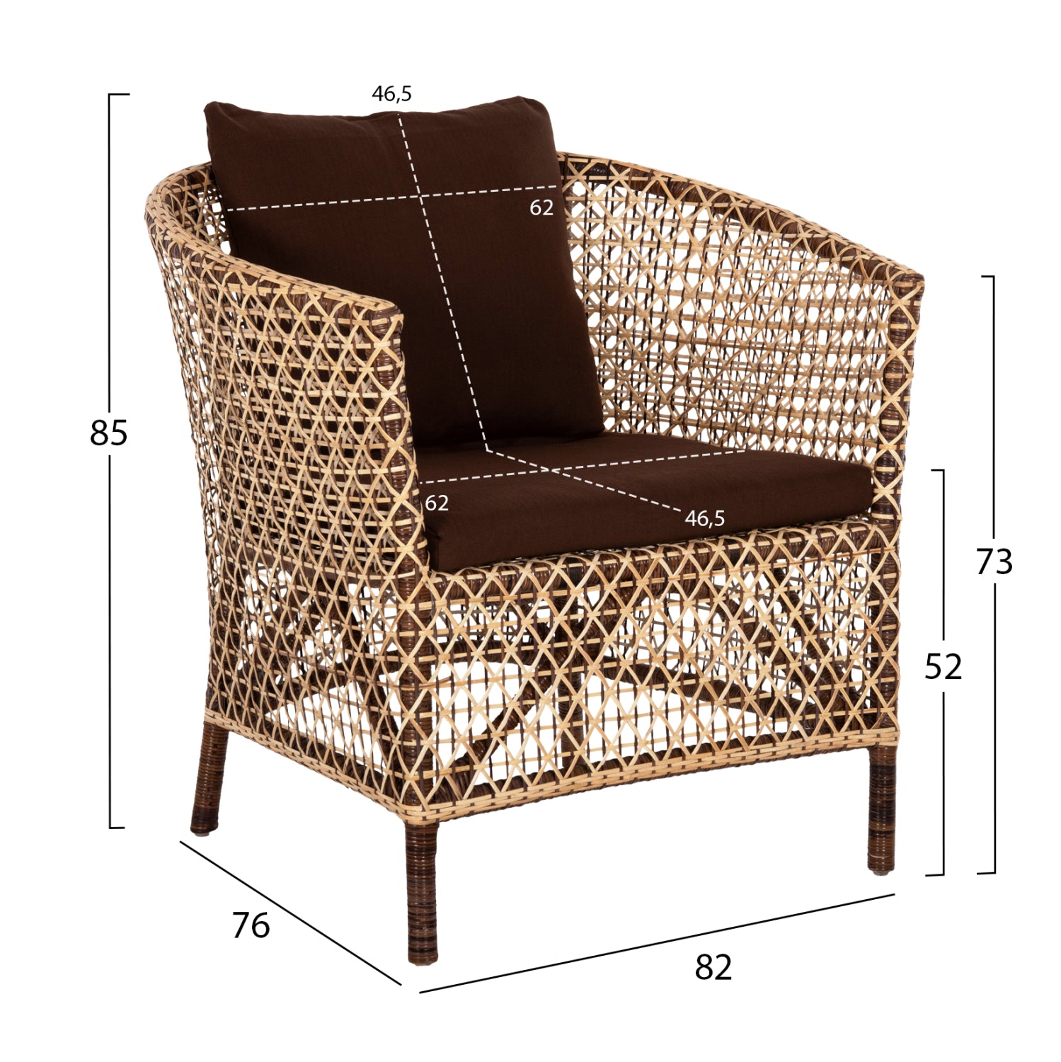 ARMCHAIR OUTDOOR SILMAR HM6111 BROWN-NATURAL RATTAN-CUSHIONS BROWN 82x76x85Hcm.