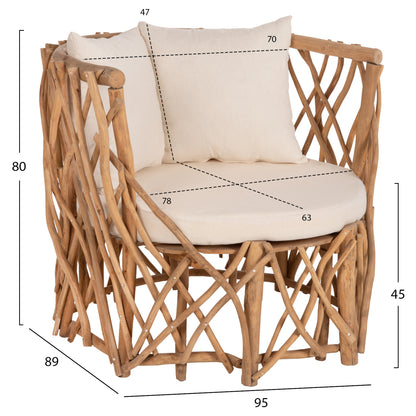 ARMCHAIR KAAN HM5994 TEAK BRANCH IN NATURAL-WHITE CUSHIONS 95x89x80Hcm.