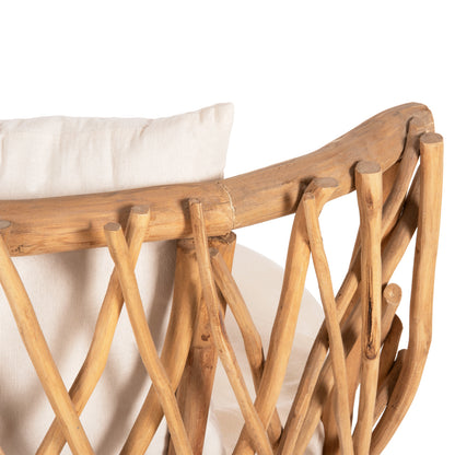 ARMCHAIR KAAN HM5994 TEAK BRANCH IN NATURAL-WHITE CUSHIONS 95x89x80Hcm.