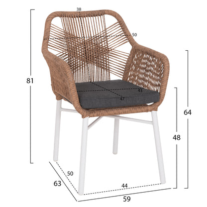 ARMCHAIR OUTDOORS TOPIN HM6048.01 ALUMINUM WHITE-P.E. RATTAN LIGHT BROWN-CUSHION GREY 58x60x83Hcm