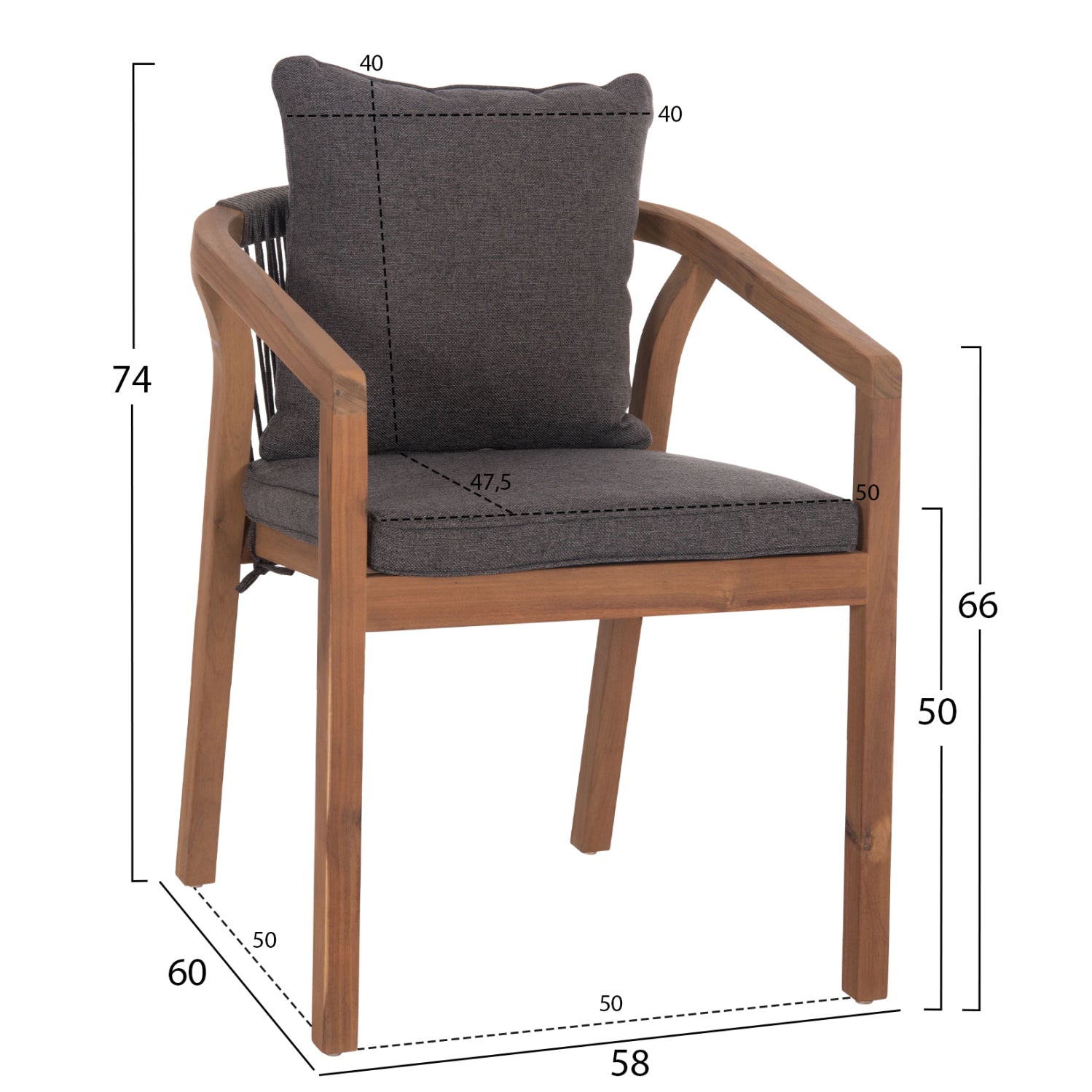 OUTDOOR DINING CHAIR CONTREL HM6244.02 ACACIA WOOD IN NATURAL-ROPE & CUSHIONS IN GREY 58x60x74Hcm.
