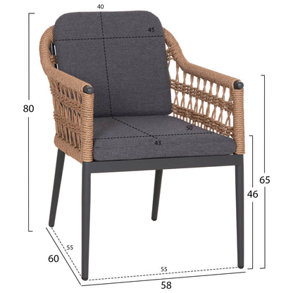 DINING CHAIR BOXER HM6556.01 ALUMINUM & OLEFIN IN GREY--TWIST WICKER 58x60x80Hcm.