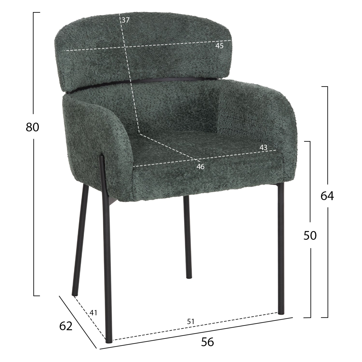 ARMCHAIR WOLF HM8583.03 PETROL GREEN BOUCLE FABRIC-BLACK METAL LEGS 56x62x80Hcm.