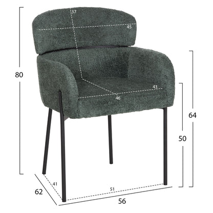 ARMCHAIR WOLF HM8583.03 PETROL GREEN BOUCLE FABRIC-BLACK METAL LEGS 56x62x80Hcm.