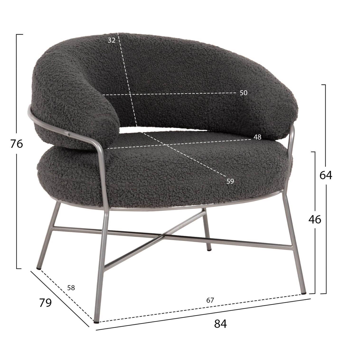 ARMCHAIR TRUDI HM8639.21 GREY BOUCLE FABRIC AND SILVER METAL FRAME 84x79x76Hcm.