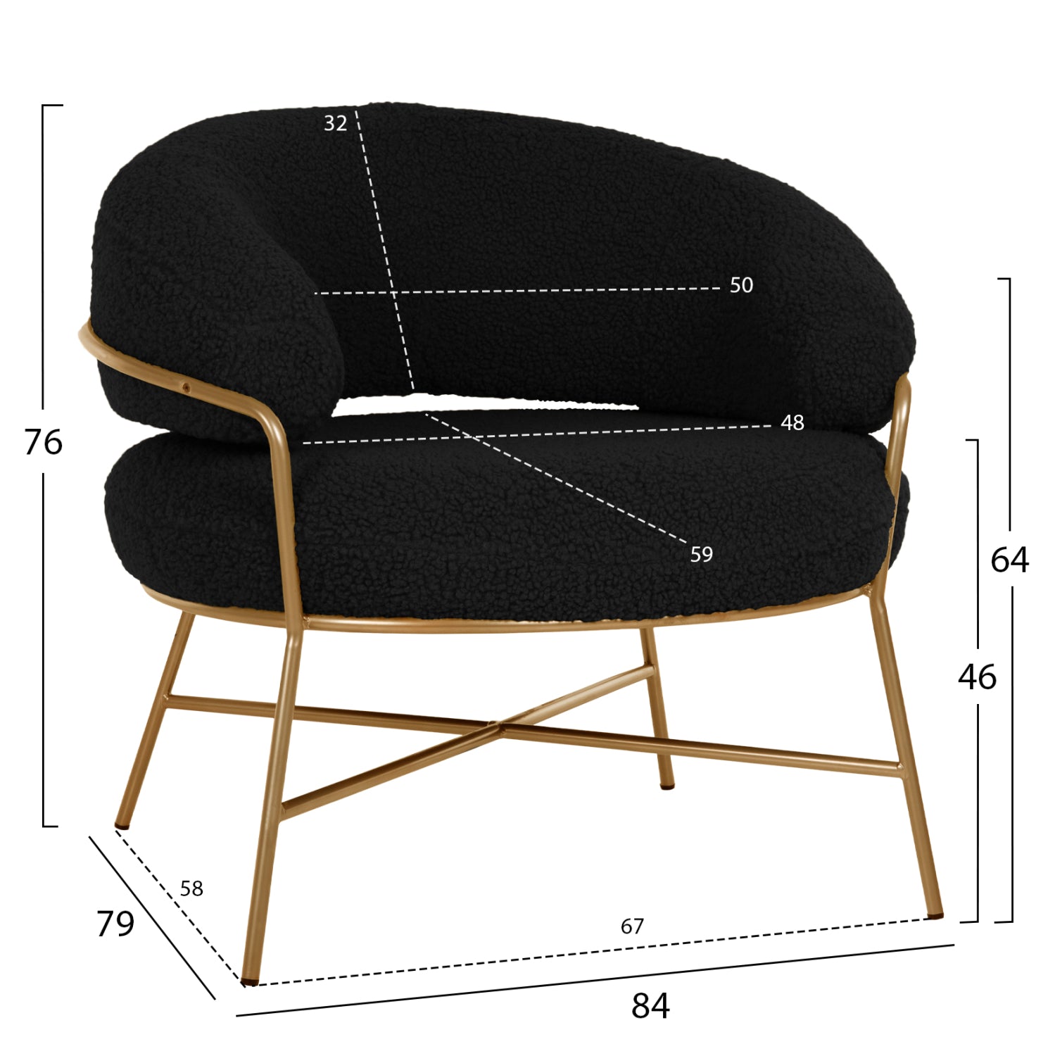 ARMCHAIR TRUDI HM8639.24 BLACK BOUCLE FABRIC AND GOLD METAL FRAME 84x79x76Hcm.