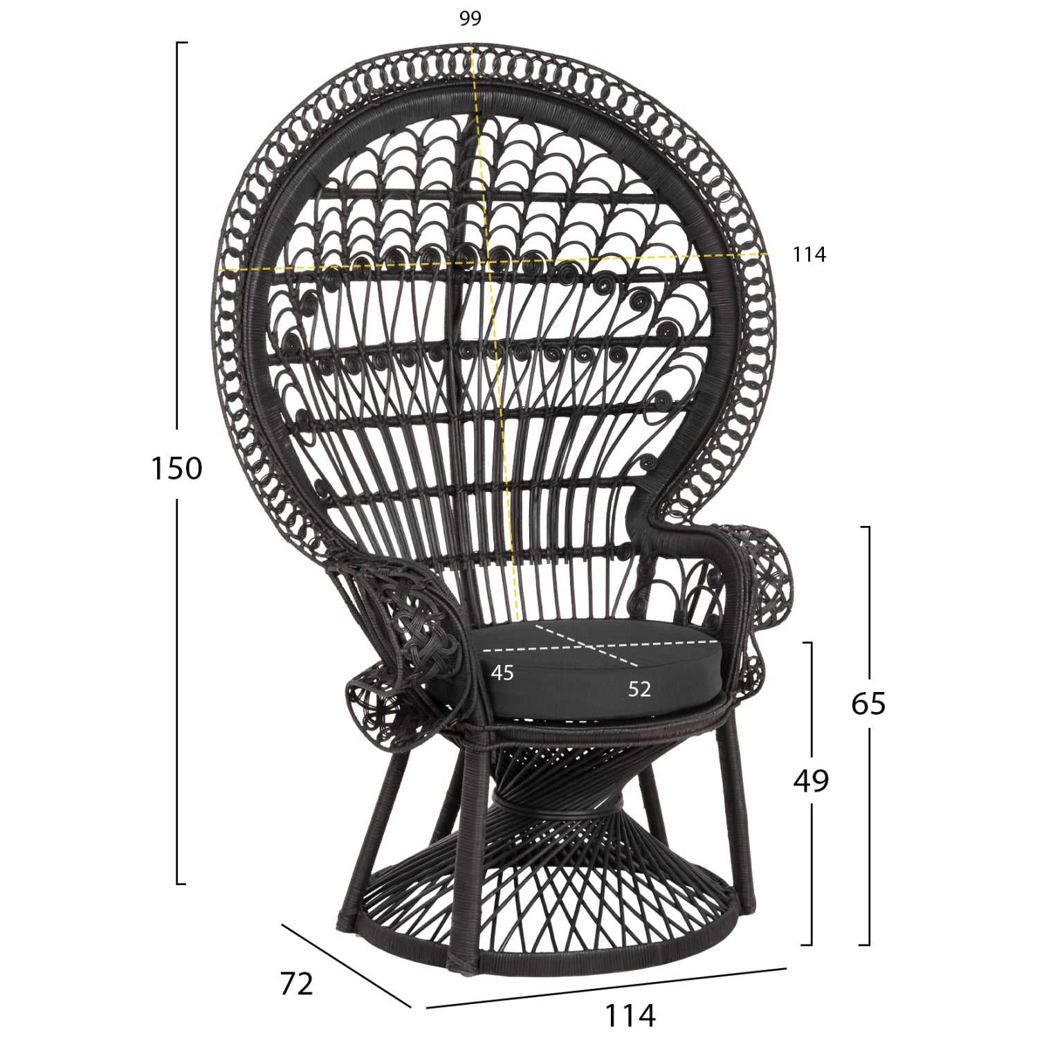 ARMCHAIR ROYAL PEACOCK HM9342.03 RATTAN IN BLACK- CUSHION BLACK 114x72x150Hcm.