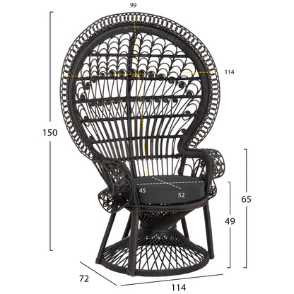 ARMCHAIR ROYAL PEACOCK HM9342.03 RATTAN IN BLACK- CUSHION BLACK 114x72x150Hcm.