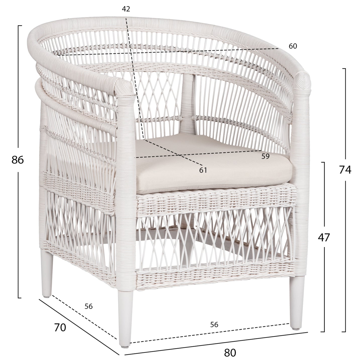 ARMCHAIR MALAWI HM9635.02 MAHOGANY WOOD WITH RATTAN IN WHITE-WHITE CUSHION 80x70x86Hcm.