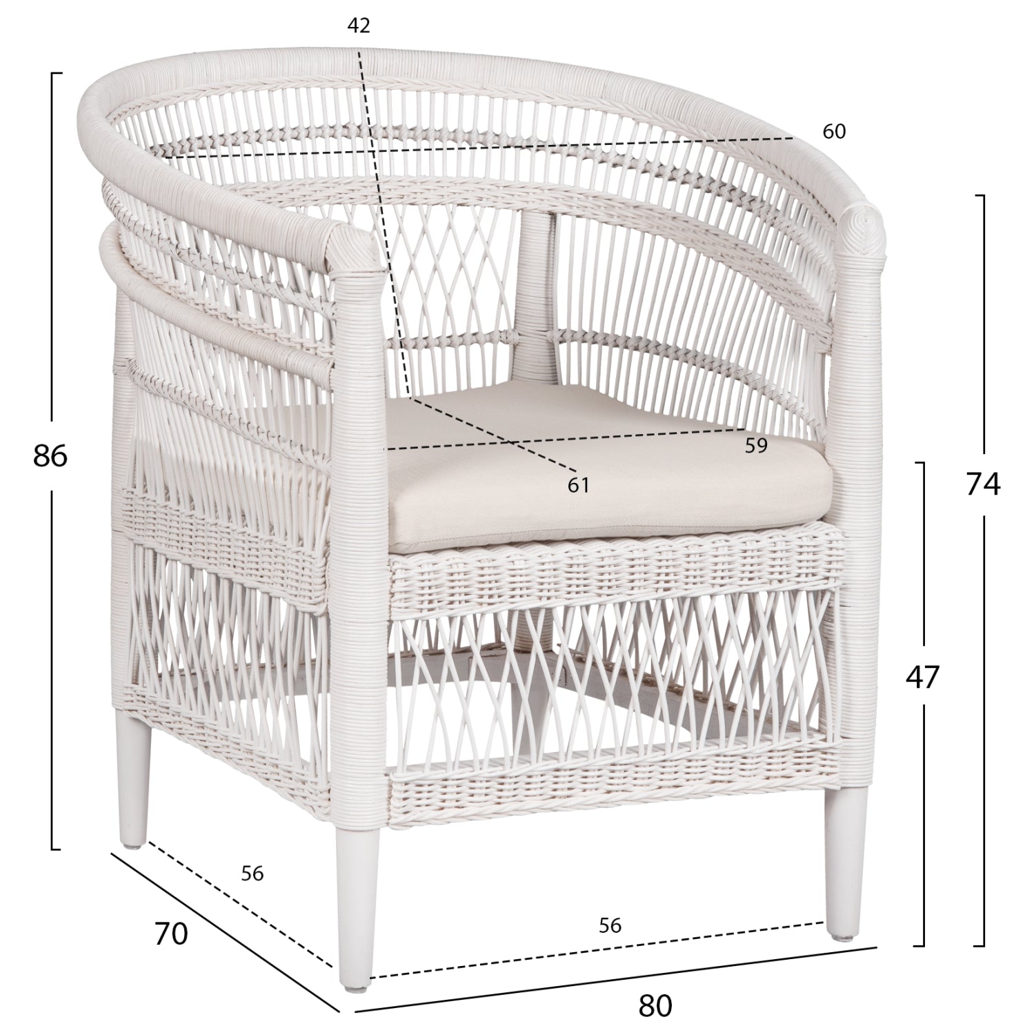 ARMCHAIR MALAWI HM9635.02 MAHOGANY WOOD WITH RATTAN IN WHITE-WHITE CUSHION 80x70x86Hcm.