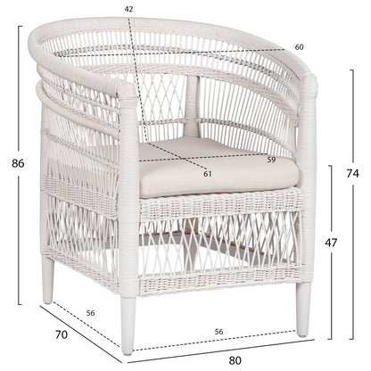 ARMCHAIR MALAWI HM9635.02 MAHOGANY WOOD WITH RATTAN IN WHITE-WHITE CUSHION 80x70x86Hcm.