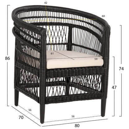 ARMCHAIR MALAWI HM9635.03 MAHOGANY WOOD WITH RATTAN IN BLACK-WHITE CUSHION 80x70x86Hcm.