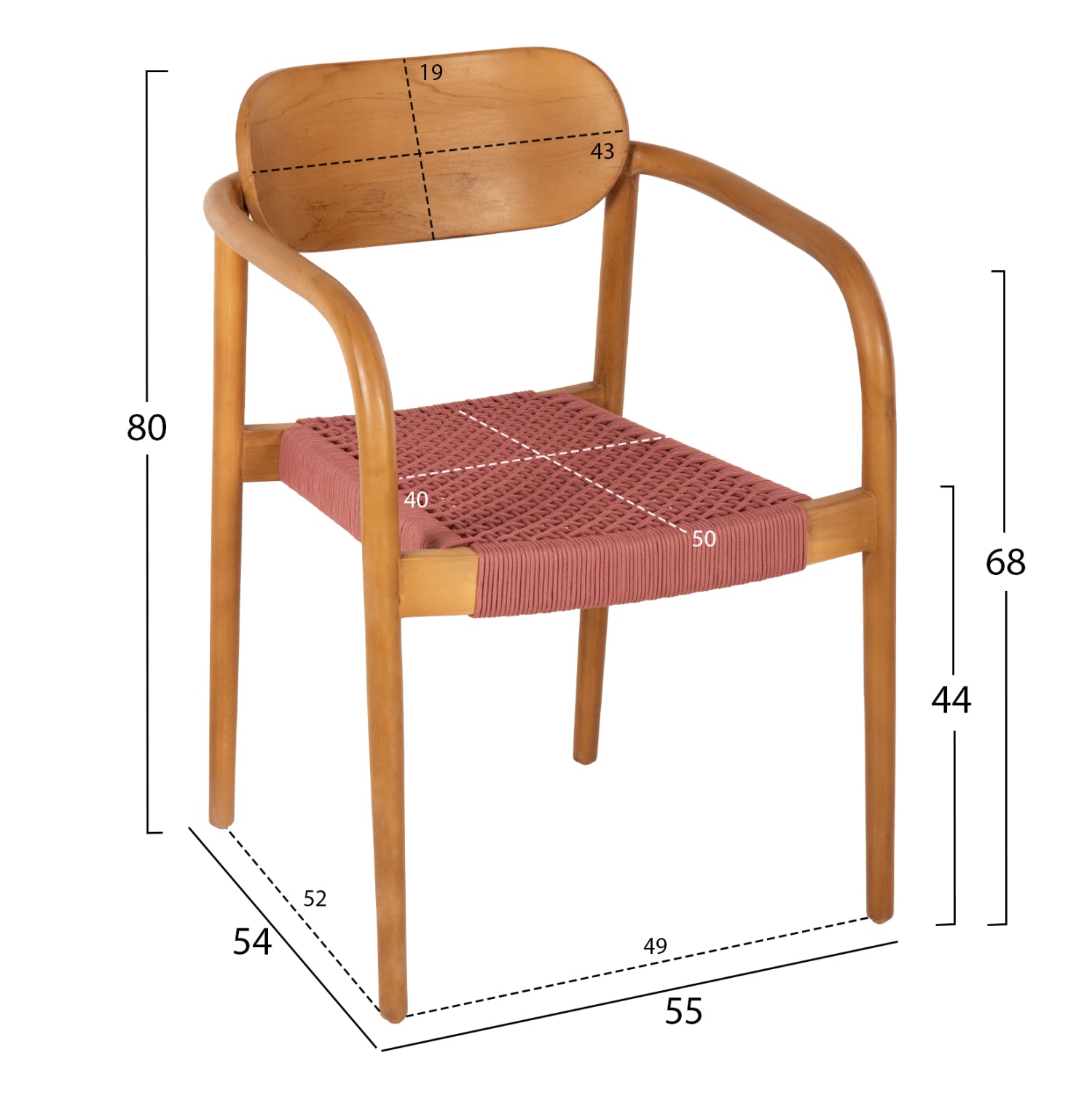 ARMCHAIR OSLO HM9636.06 TEAK WOOD IN NATURAL & PINK ROPE 55x54x80Hcm.