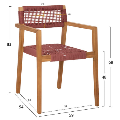 ARMCHAIR CHARLOTTE HM9637.06 TEAK WOOD IN NATURAL & PINK ROPE 59x54x83Hcm.