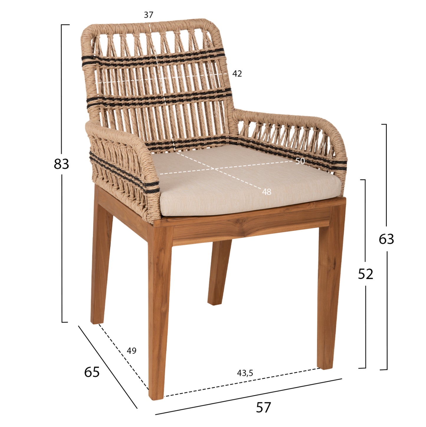 ARMCHAIR STARDOM HM9760.02 TEAK WOOD AND ROPE-NATURAL WITH ANTHRACITE DETAILS COLOR 57x65x83Hcm.