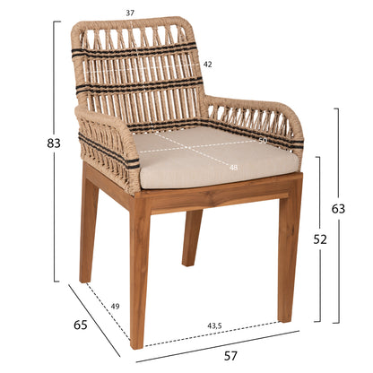 ARMCHAIR STARDOM HM9760.02 TEAK WOOD AND ROPE-NATURAL WITH ANTHRACITE DETAILS COLOR 57x65x83Hcm.