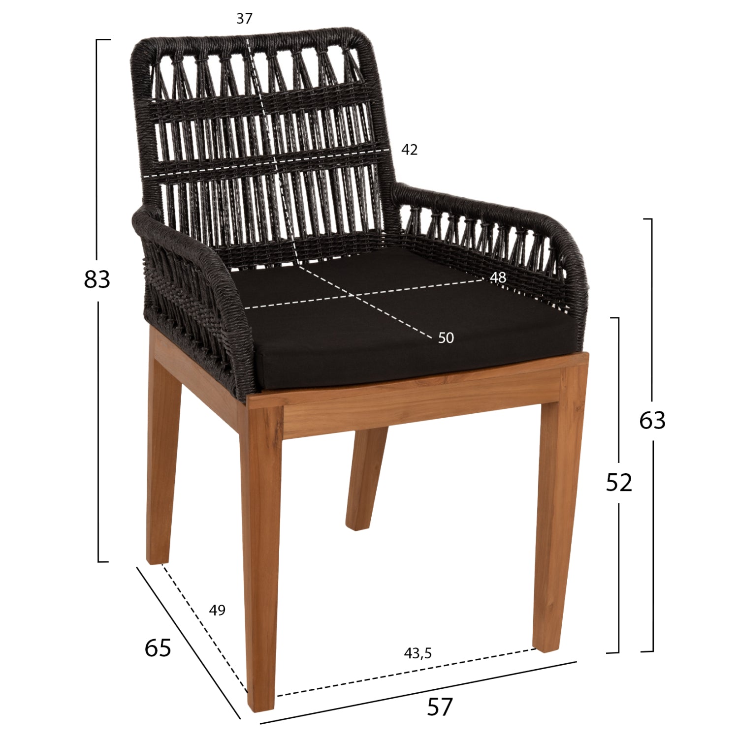 ARMCHAIR STARDOM HM9760.03 TEAK WOOD ΙΝ HONEY COLOR AND BLACK ROPE 57x65x83Hcm.