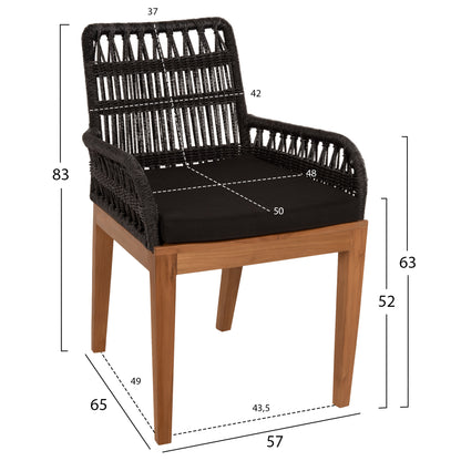 ARMCHAIR STARDOM HM9760.03 TEAK WOOD ΙΝ HONEY COLOR AND BLACK ROPE 57x65x83Hcm.