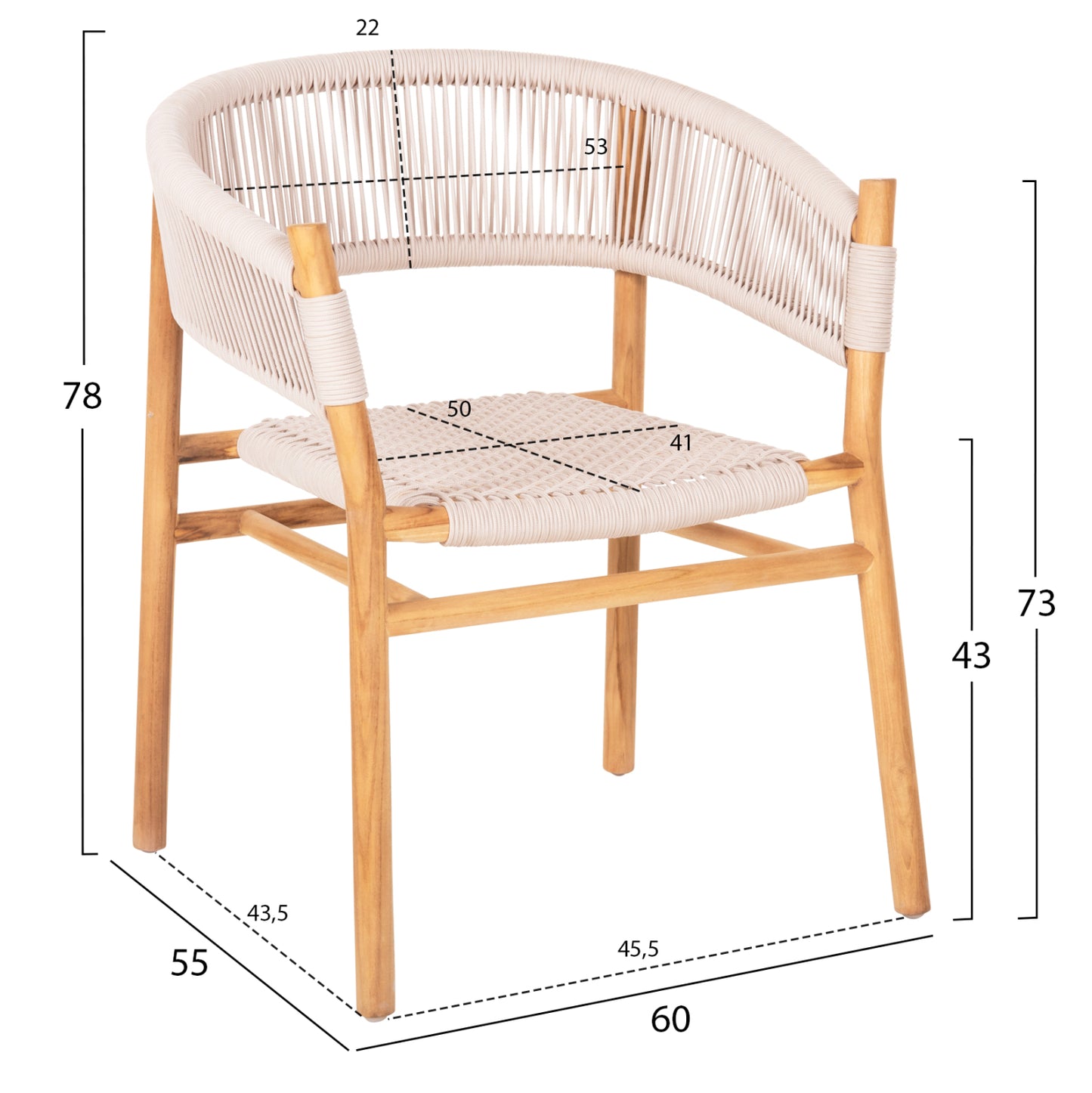 DINING ARMCHAIR IRVING HM9763 TEAK WOOD IN NATURAL COLOR AND BEIGE ROPE 60x55x78Hcm.