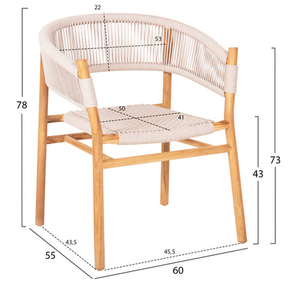 DINING ARMCHAIR IRVING HM9763 TEAK WOOD IN NATURAL COLOR AND BEIGE ROPE 60x55x78Hcm.