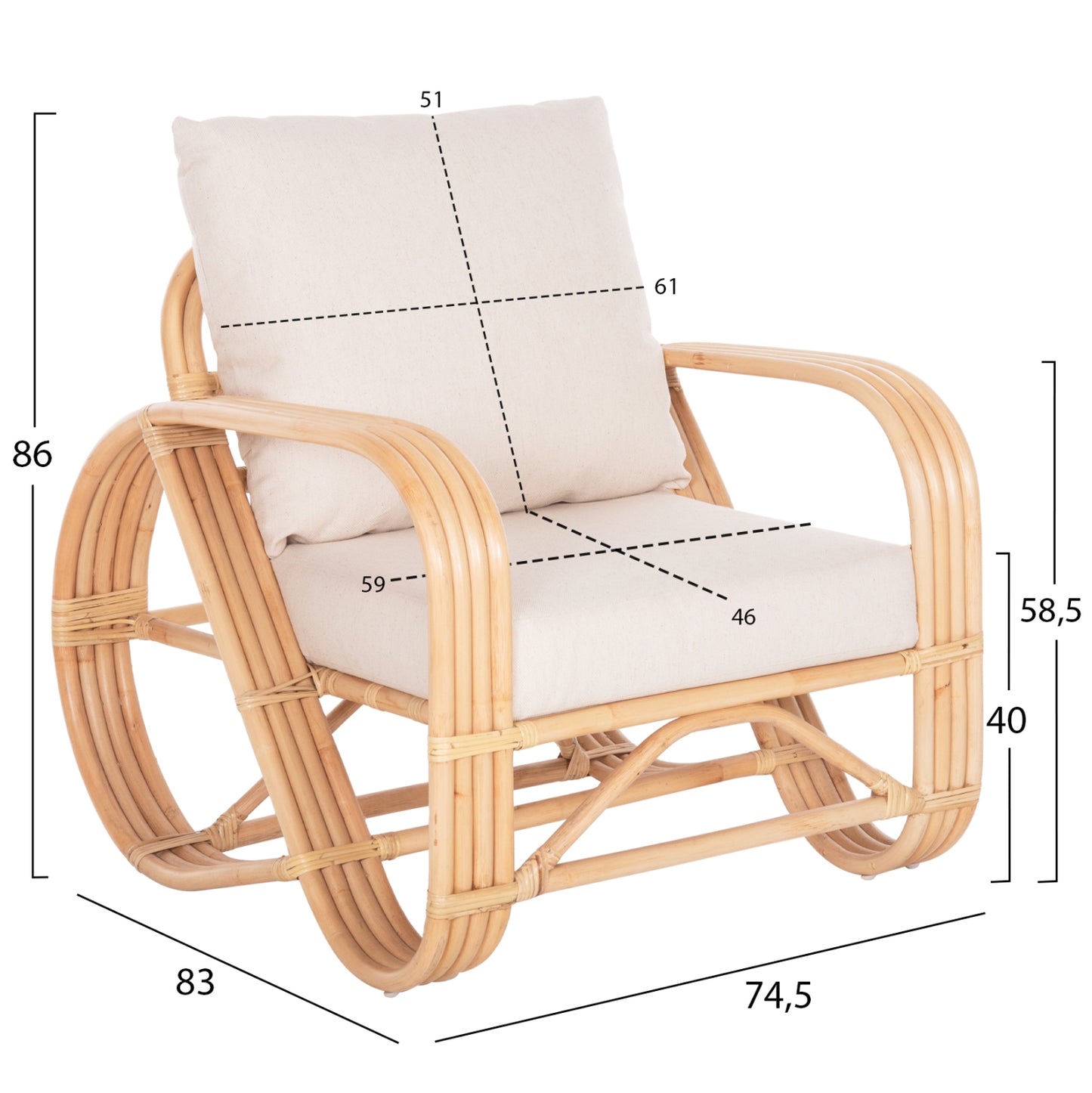 ARMCHAIR BARONESS HM9813 NATURAL RATTAN AND WHITE CUSHIONS 81x90x92Hcm.