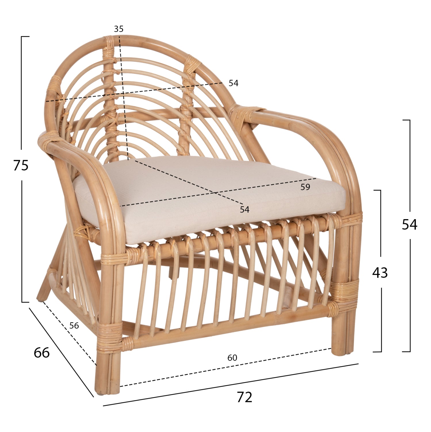 ARMCHAIR FEMUR HM9837 RATTAN IN NATURAL-WHITE CUSHION 72x66x75Hcm.