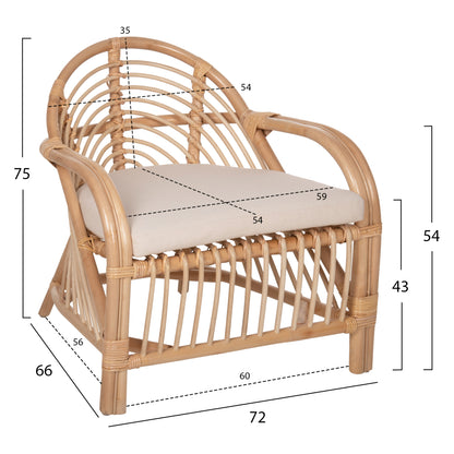 ARMCHAIR FEMUR HM9837 RATTAN IN NATURAL-WHITE CUSHION 72x66x75Hcm.