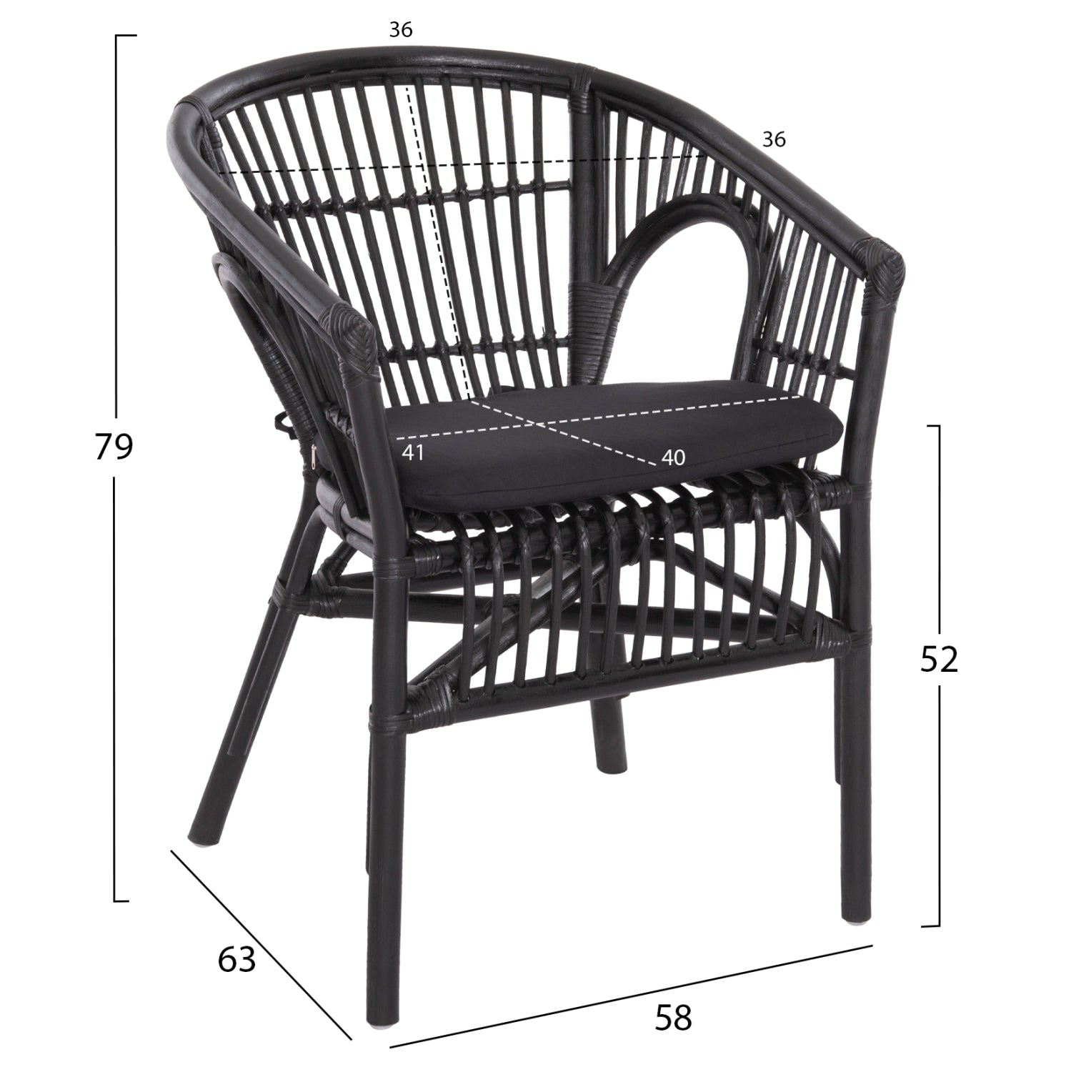 ARMCHAIR DAMPAR HM9929.03 RATTAN & CUSHION IN BLACK 58x63x79Hcm.