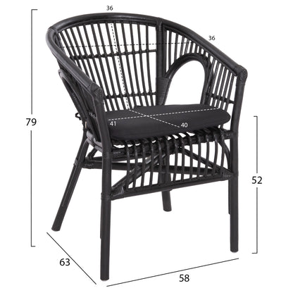 ARMCHAIR DAMPAR HM9929.03 RATTAN & CUSHION IN BLACK 58x63x79Hcm.