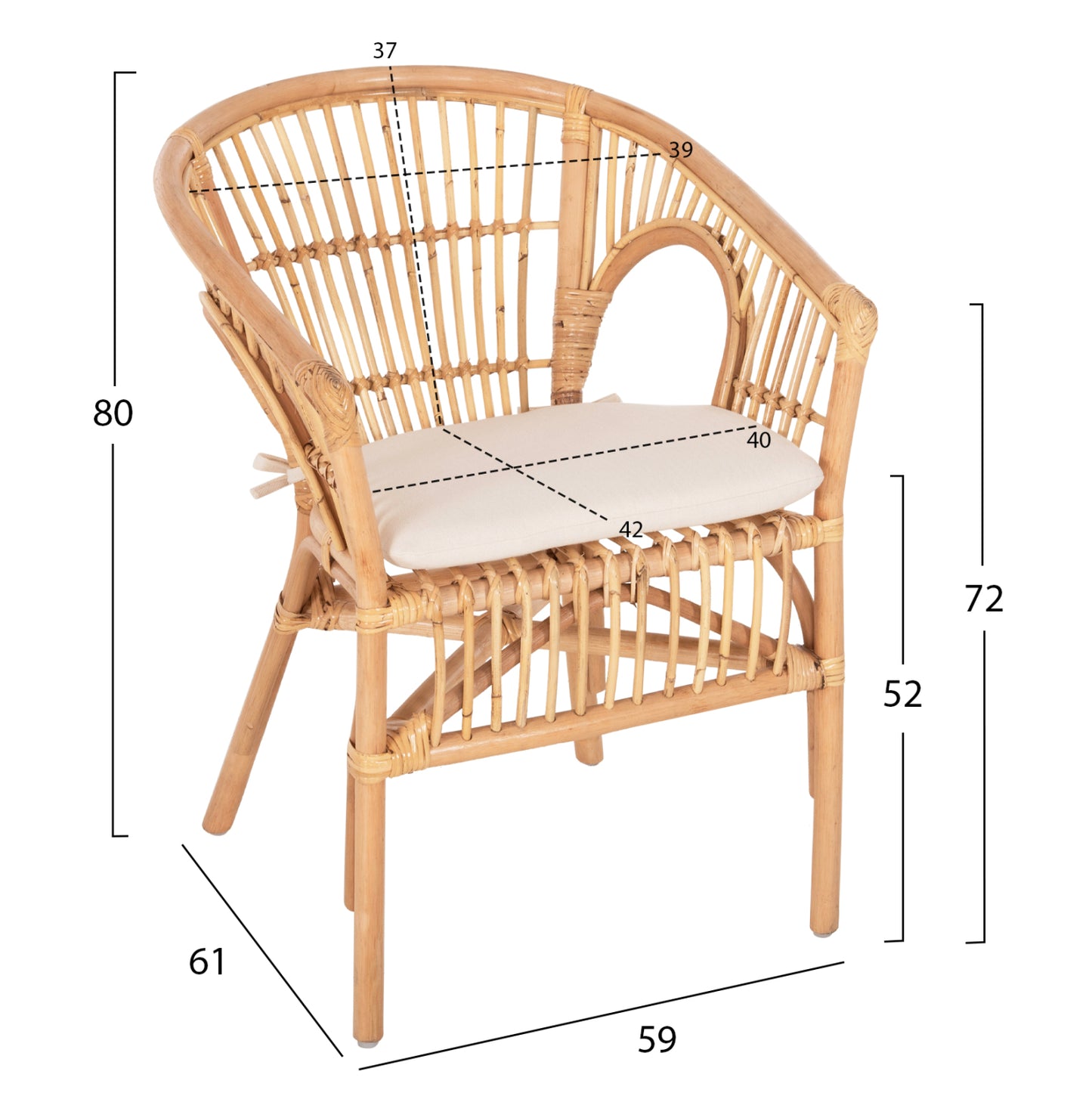 ARMCHAIR DAMPAR HM9929.04 RATTAN IN NATURAL-WHITE CUSHION 59x61x80Hcm.