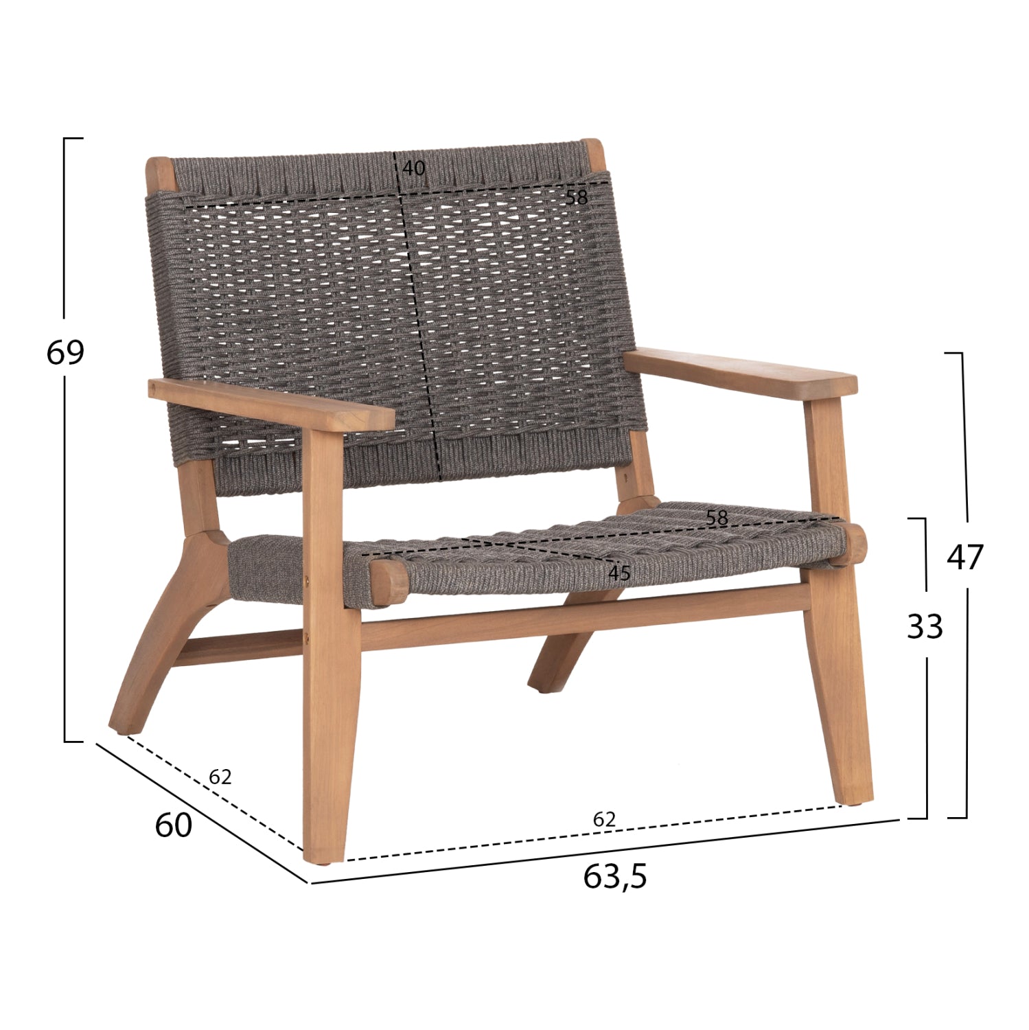 LOUNGE ARMCHAIR MONTER HM6241.02 ACACIA WOOD IN NATURAL--GREY ROPE 63.5x60x69Hcm.