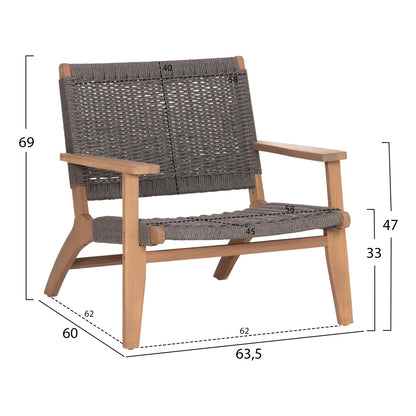 LOUNGE ARMCHAIR MONTER HM6241.02 ACACIA WOOD IN NATURAL--GREY ROPE 63.5x60x69Hcm.