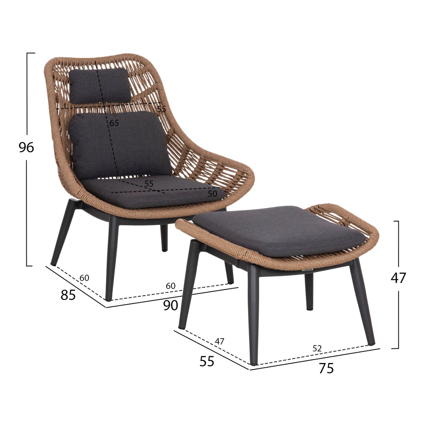 LOUNGE CHAIR WITH FOOTREST REMVAZZO HM6561.01 ALUMINUM IN GREY--WICKER 90x85x96Hcm.