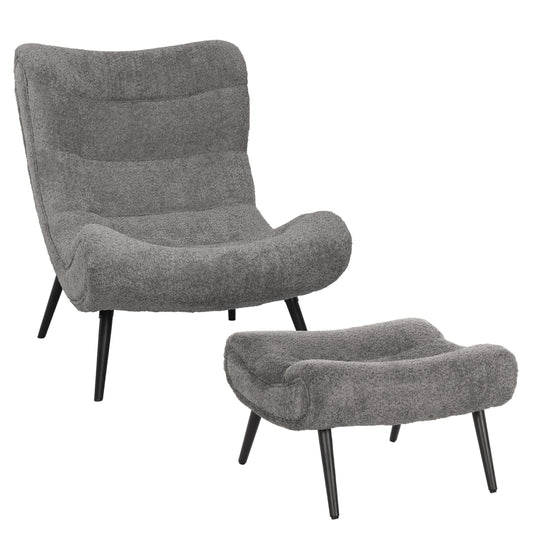 LOUNGE ARMCHAIR WITH FOOTREST BRYM HM10929.11 GREY BOUCLE FABRIC-BLACK LEGS 97x80x100Hcm.