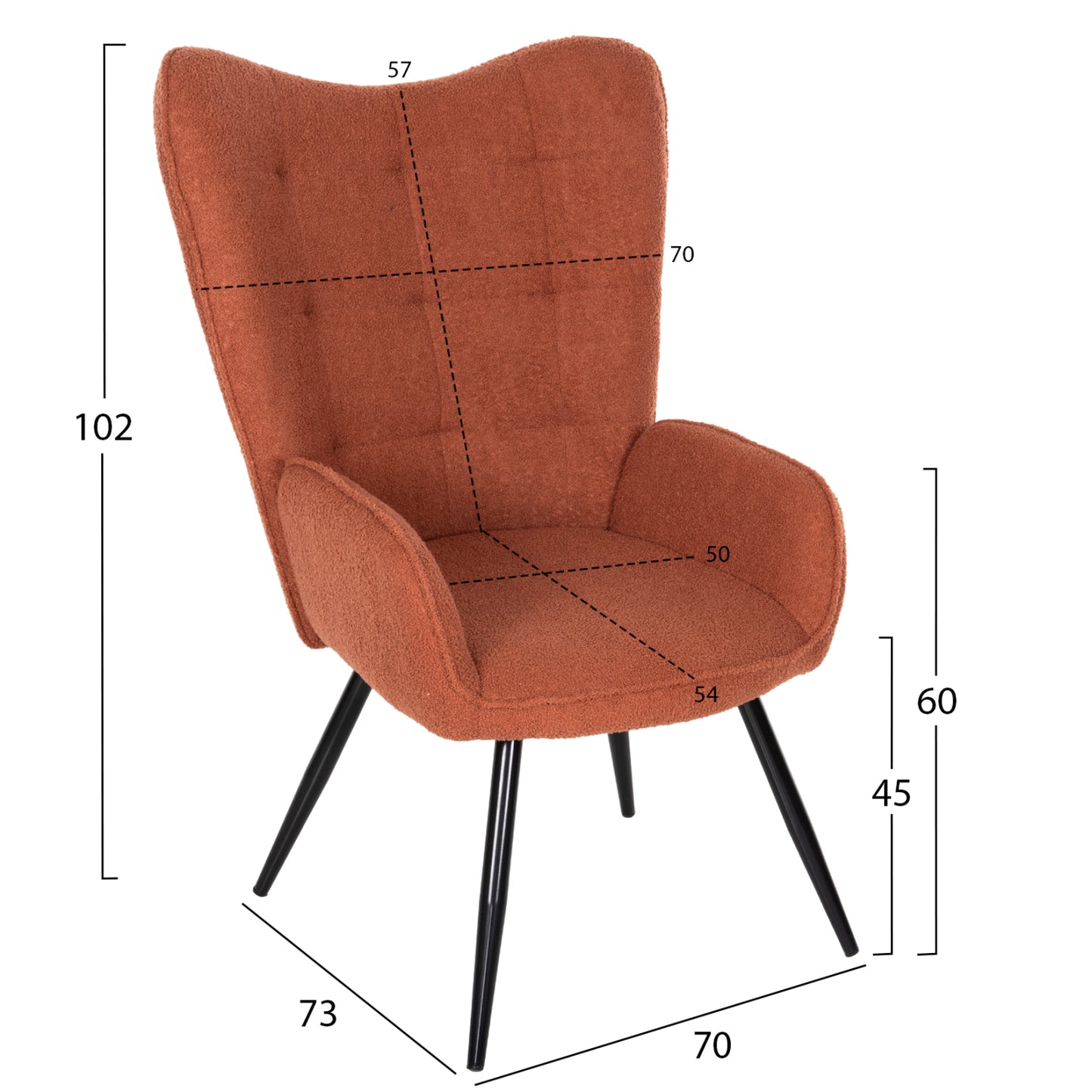 ARMCHAIR WITH FOOTSTOOL CRAWLEY HM8918.22 ORANGE BOUCLE FABRIC-BLACK METAL LEGS 70x74x105Hcm.