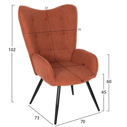 ARMCHAIR WITH FOOTSTOOL CRAWLEY HM8918.22 ORANGE BOUCLE FABRIC-BLACK METAL LEGS 70x74x105Hcm.
