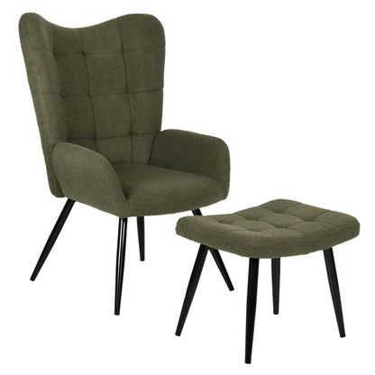 ARMCHAIR CRAWLEY WITH FOOTSTOOL HM8918.23 CYPRESS GREEN BOUCLE FABRIC-BLACK METAL LEGS 70x74x105Hcm.