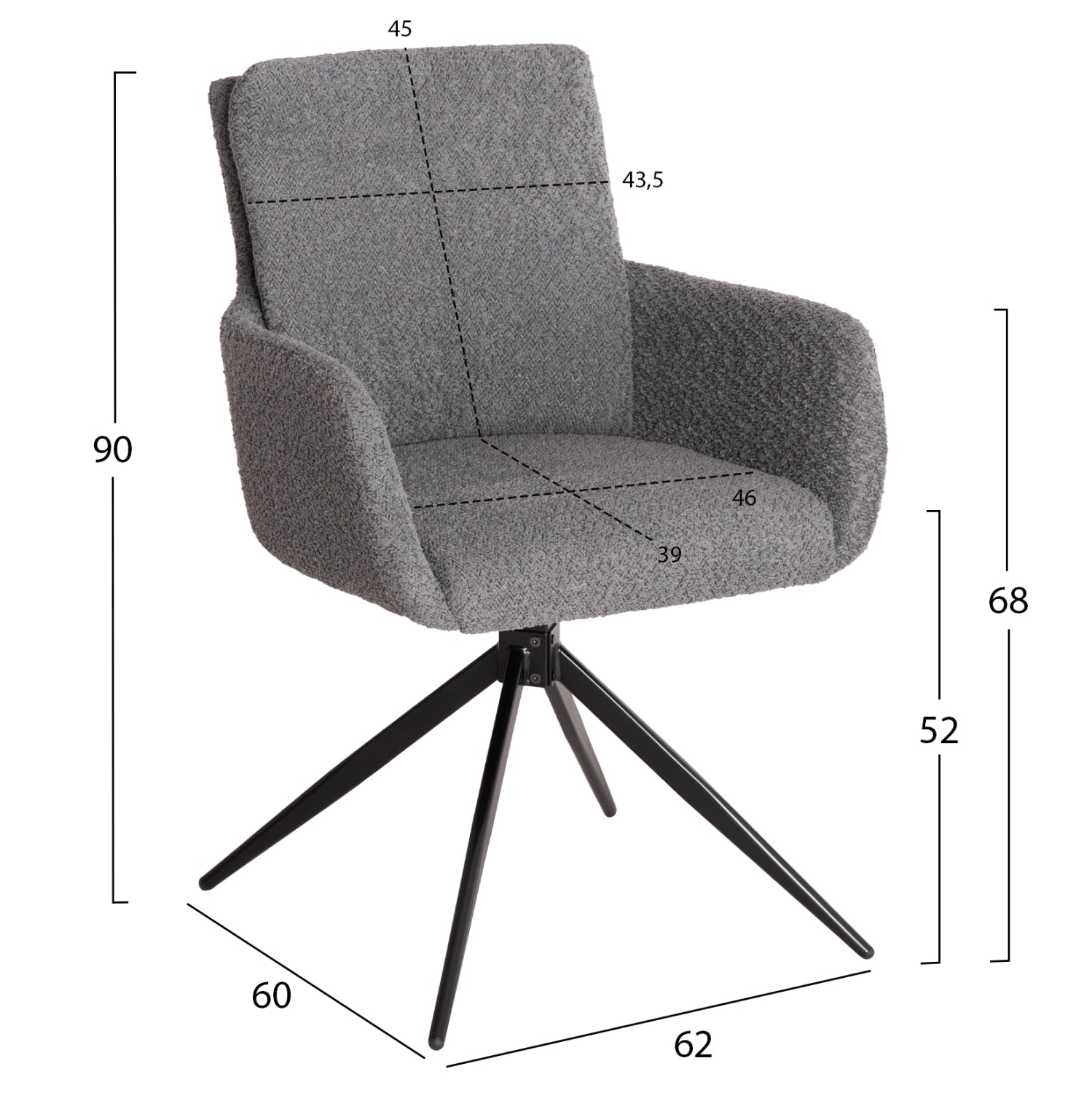 DINING ARMCHAIR SWIVEL BLANS HM9942.01 GREY BOUCLE FABRIC-METAL LEGS 62x60x90Hcm.