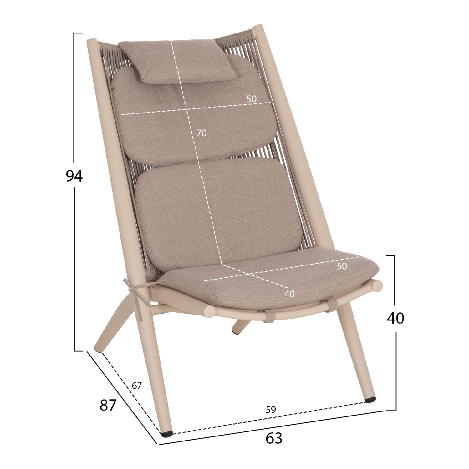 LOUNGER RELAX REMUS HM6642.04 ALUMINUM IN CHAMPAGNE--OLEFIN ROPE IN BEIGE 63x87x94Hcm.