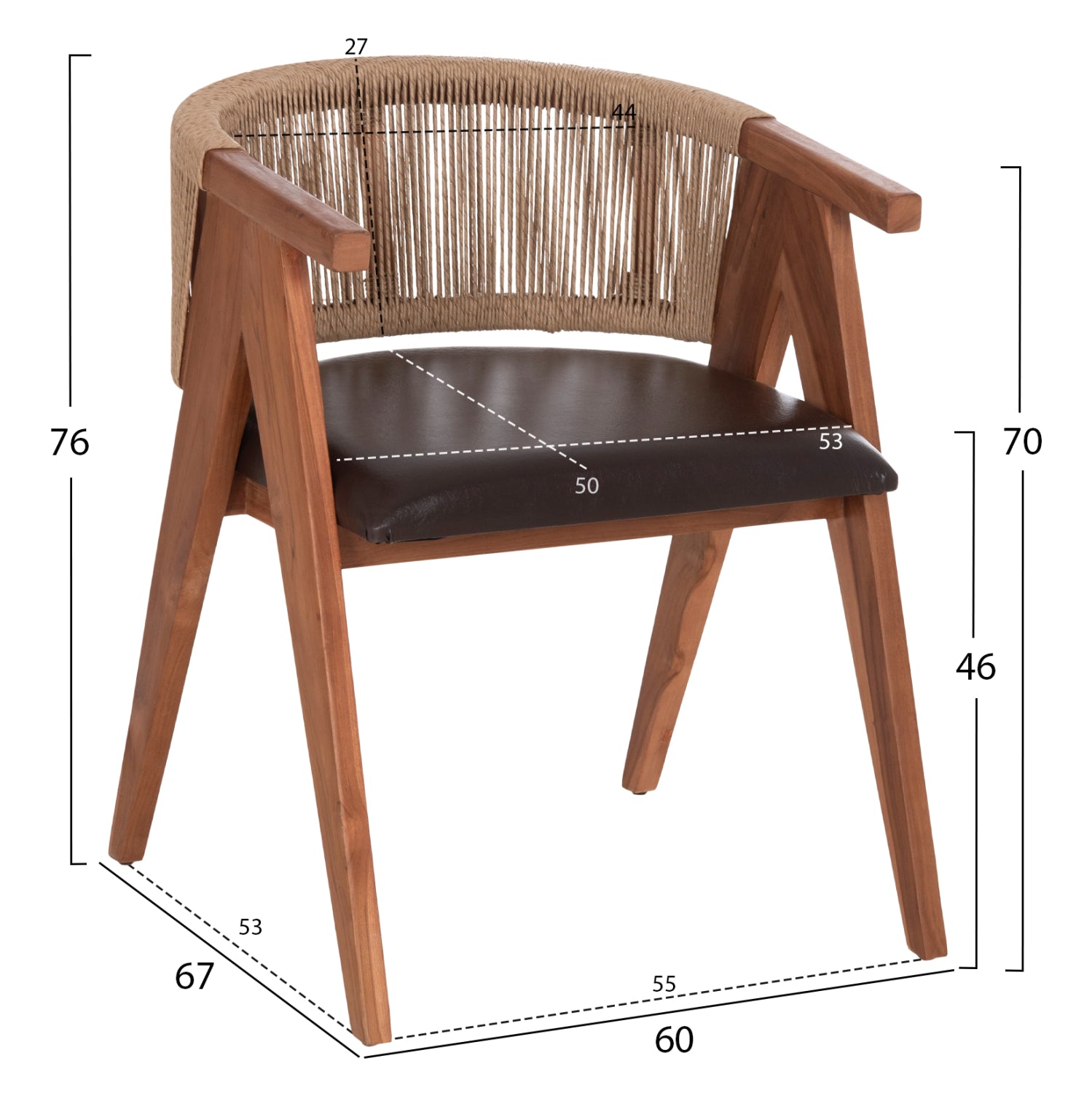 DINING CHAIR BRANN HM18238.11 TEAK WOOD-ROPE-BROWN PU 60x67x76Hcm.