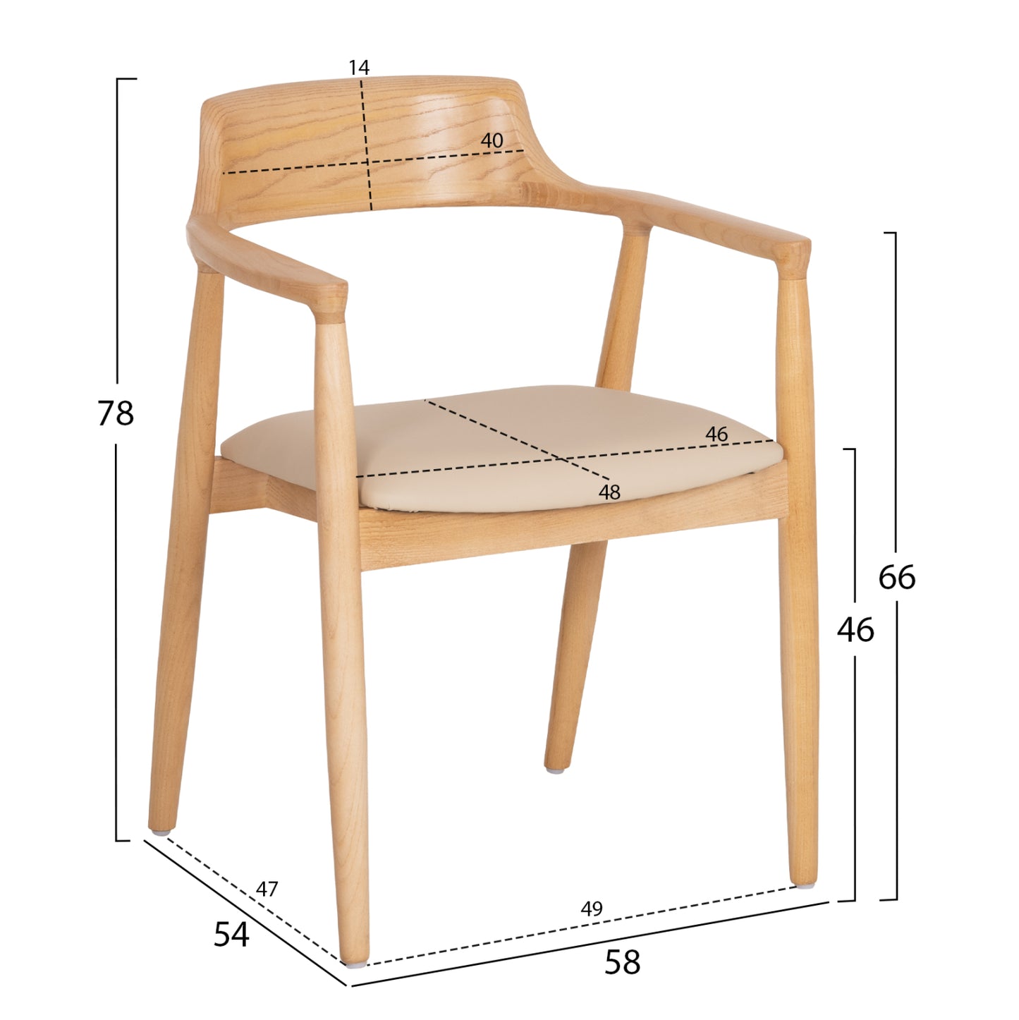 DINING CHAIR TARGA HM18336.11 RUBBERWOOD IN NATURAL (BEECH) COLOR--PU SEAT IN ECRU 58x54x78Hcm