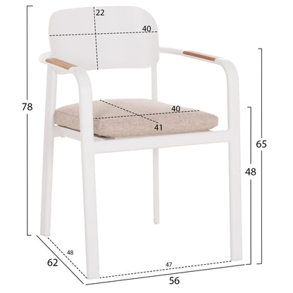 DINING CHAIR ELARA HM6414.02 WHITE ALUMINUM-BEIGE OLEFIN FABRIC--TEAK WOOD 56x62x78Hcm.